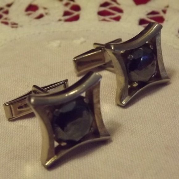 Vintage Sherman Black Glass Rhinestone Cuff Links - Picture 1 of 4